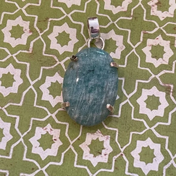 Natural Amazonite Oval Pendant – Blue Green Color Silver Plated - Brand New - Picture 4 of 7